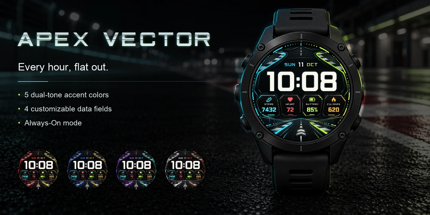 Apex Vector an einer Uhr, Boxengasse bei Nacht