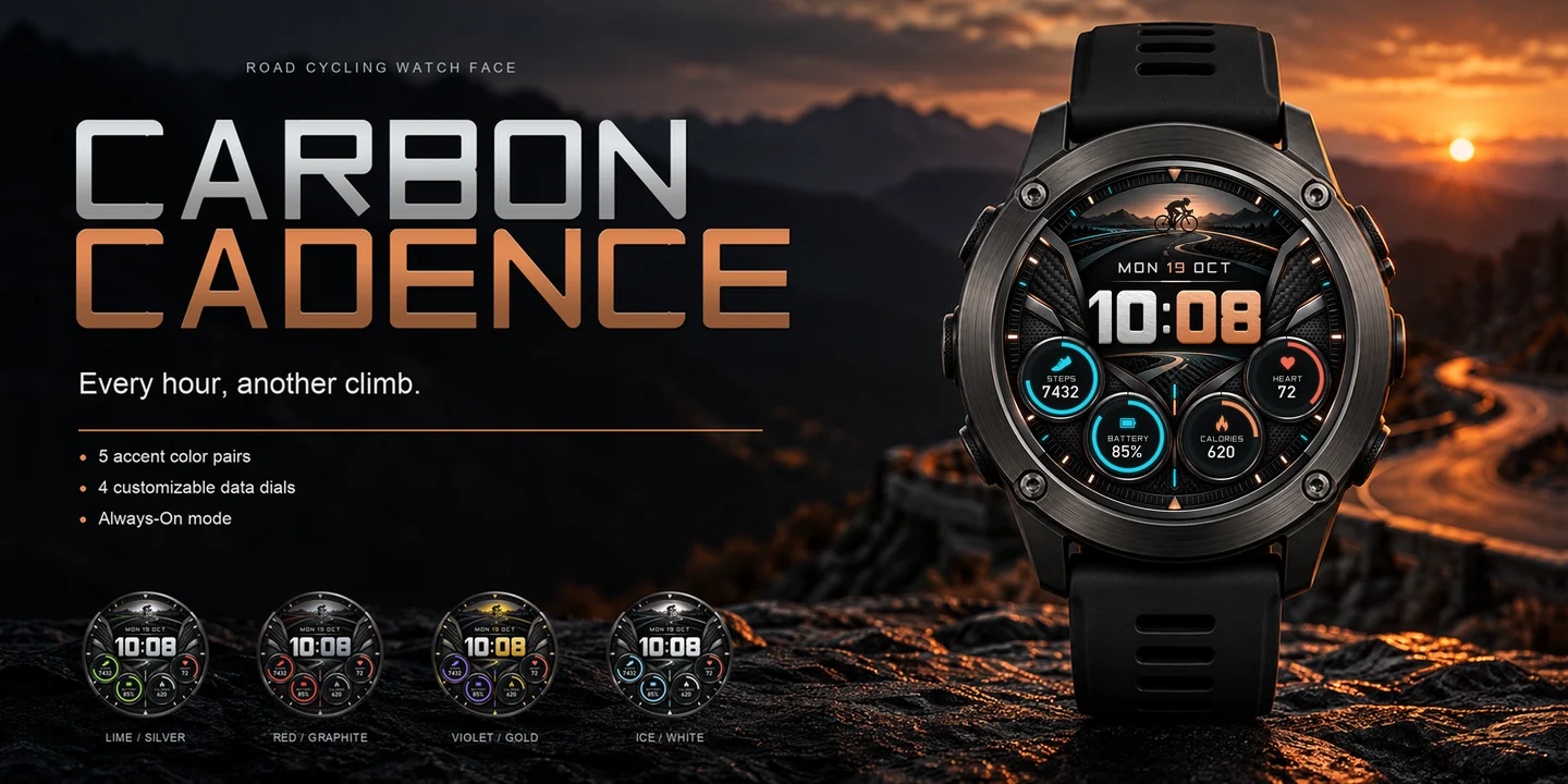 Carbon Cadence en un reloj, carretera de montaña al atardecer