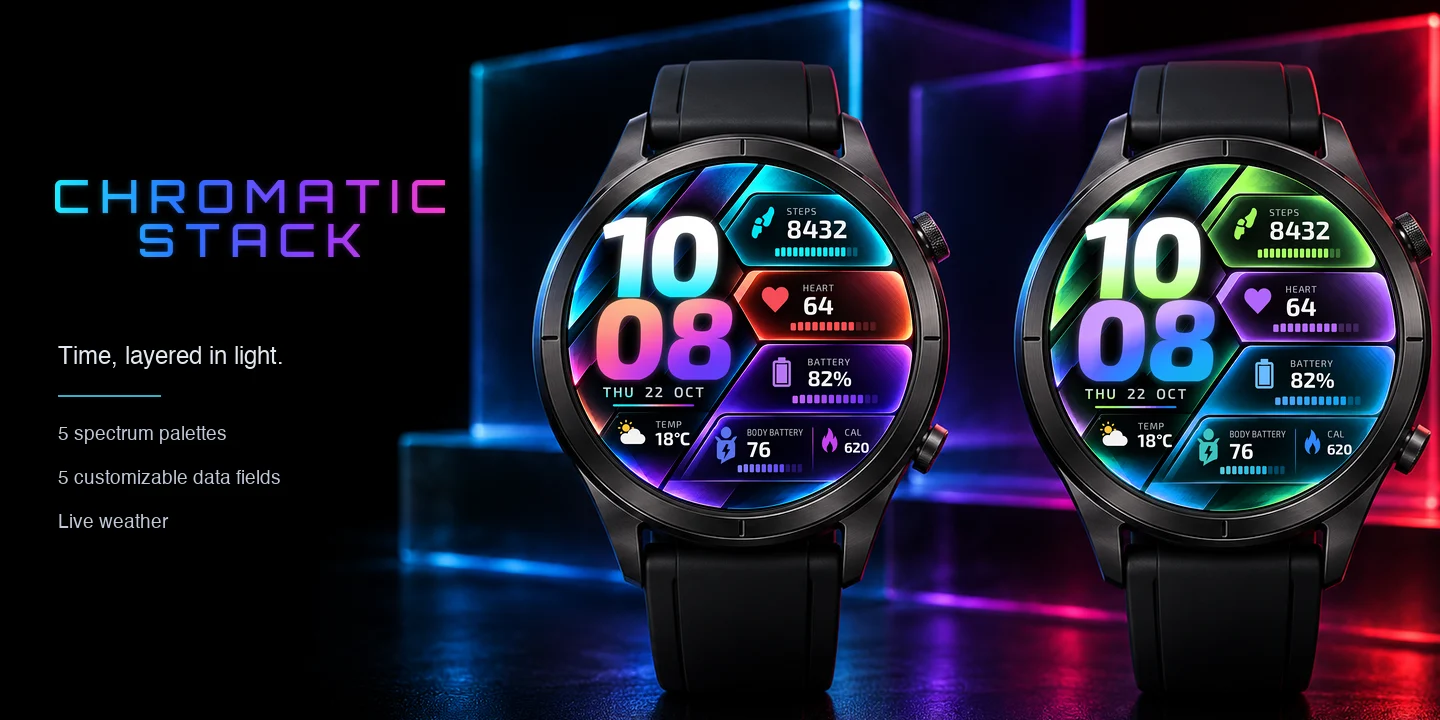 Chromatic Stack en relojes con dos paletas de espectro, paneles luminosos apilados y una gran hora en cursiva