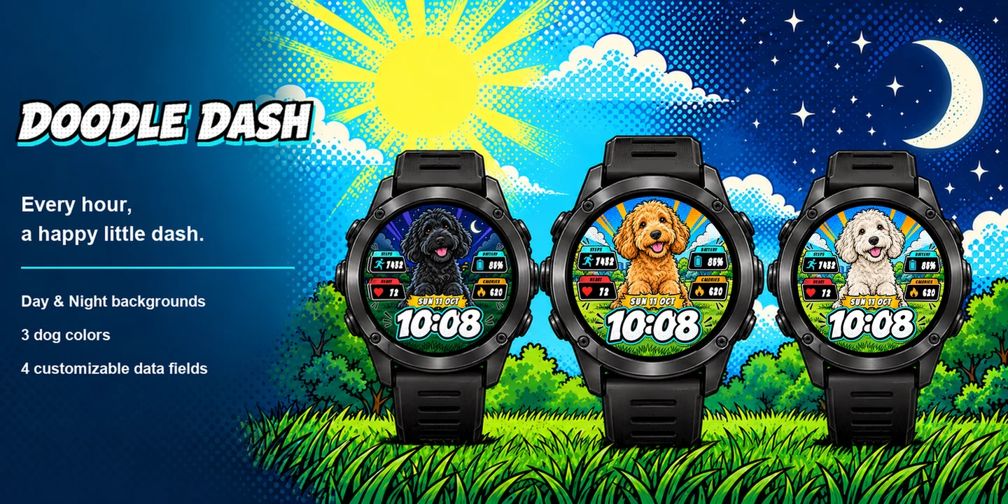 Doodle Dash sur trois montres : Noir Nuit, Doré Jour et Blanc Jour