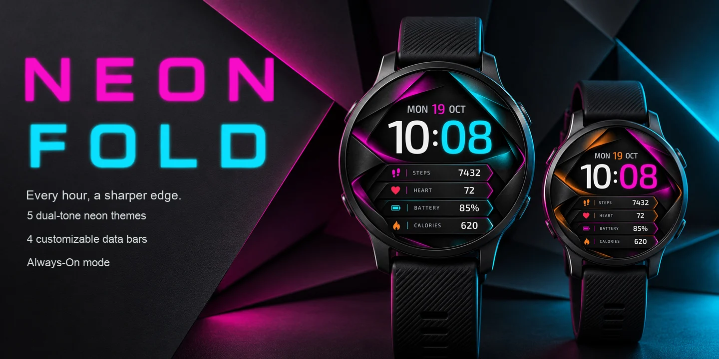 Neon Fold en dos relojes, capas de grafito plegadas con bordes neón magenta y cian y cuatro barras de datos