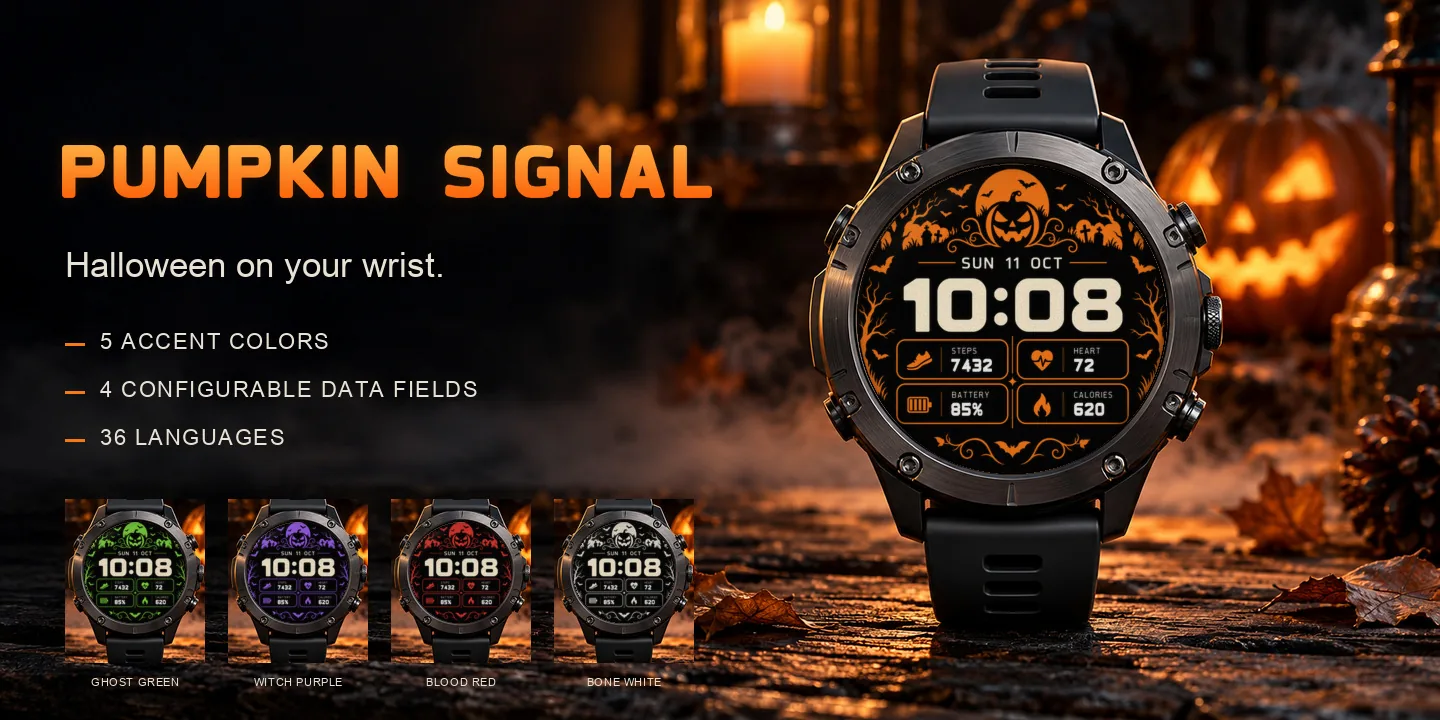 Pumpkin Signal en un reloj, calabaza bajo la luna llena