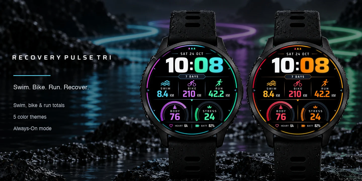 Recovery Pulse Tri sur des montres dans plusieurs thèmes de couleur, avec les totaux natation, vélo et course et deux arcs