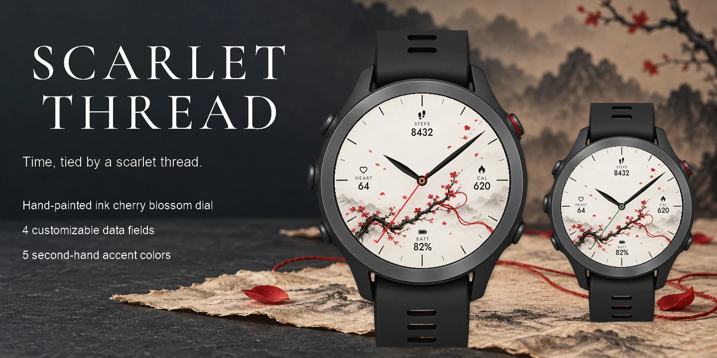 Scarlet Thread on watches in several accent colors, with steps, heart rate, calories and battery