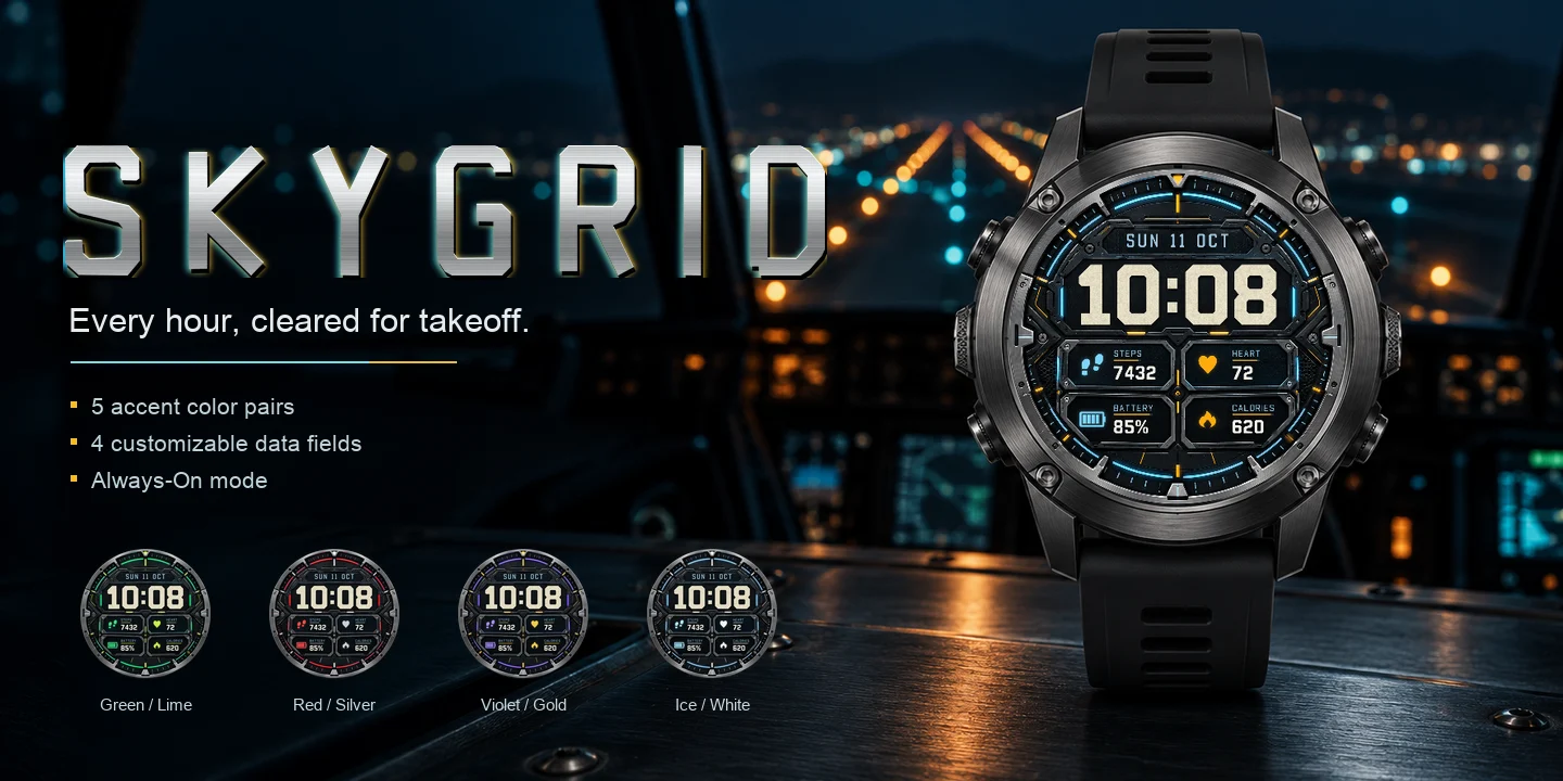 Skygrid an der Uhr, Cockpit bei Nacht