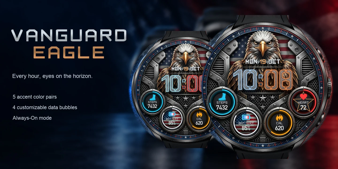 Vanguard Eagle sur deux montres, un pygargue à tête blanche sur un drapeau américain usé au-dessus de l'heure bleu acier et cuivre